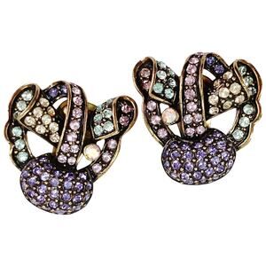 Signed Heidi Daus Gold Tone Colorful Pastel Rhinestone Ribbon Clip On Earrings